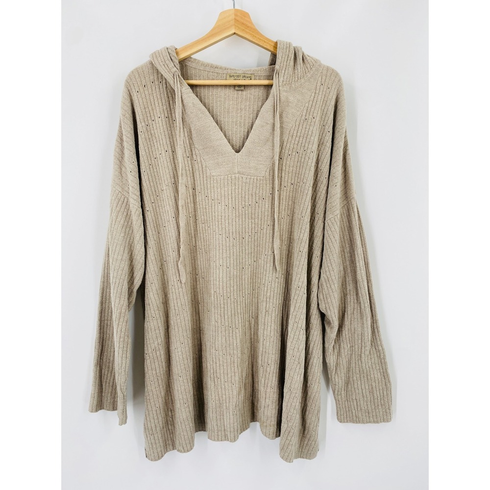 Barefoot Dreams Hoodie 3X Tan Ribbed Pointelle CozyChic Ultra Lite Pullover